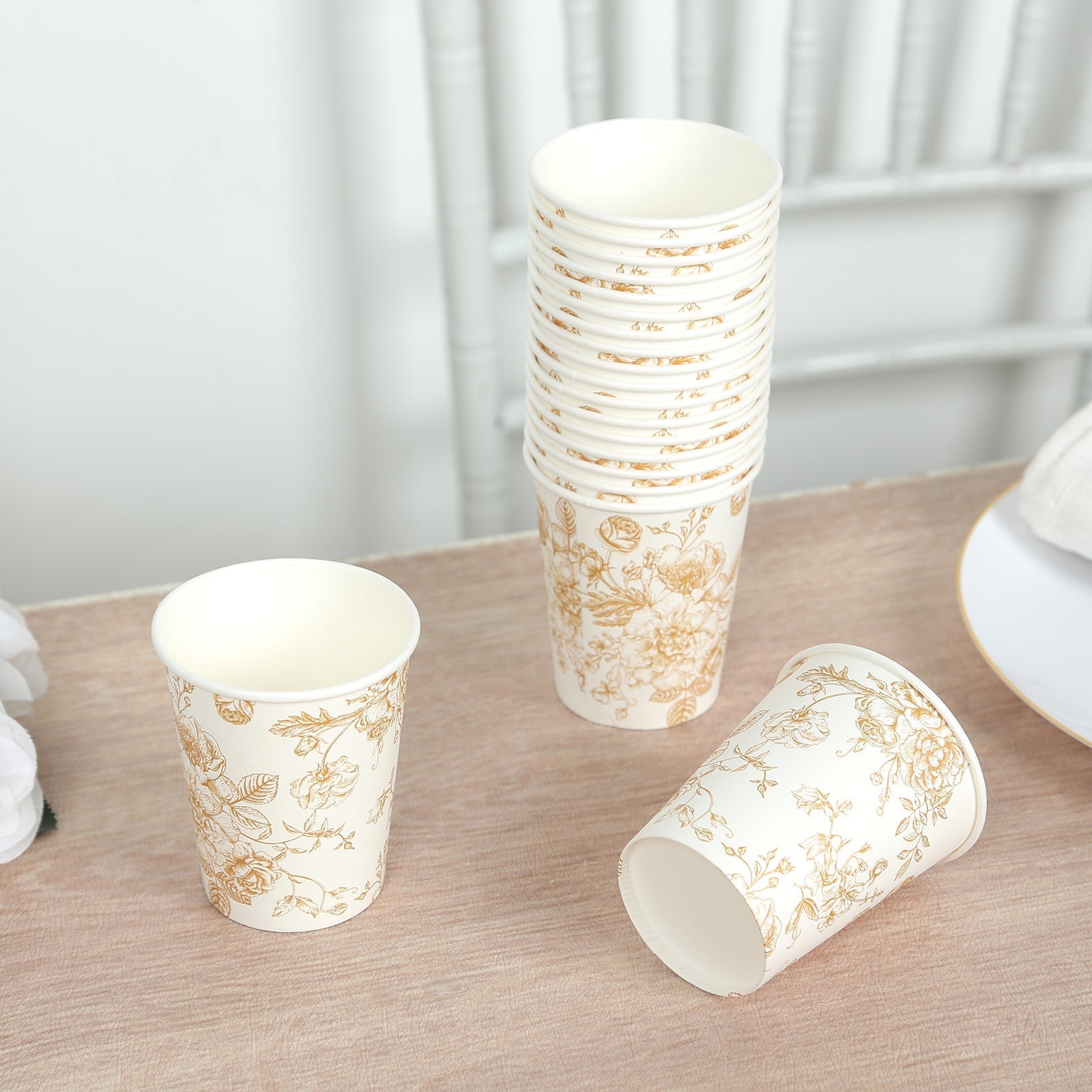 24-Pack Paper Cups 9oz White with Gold French Toile Print - Chic Disposable Floral Party Cups for Hot & Cold Beverages